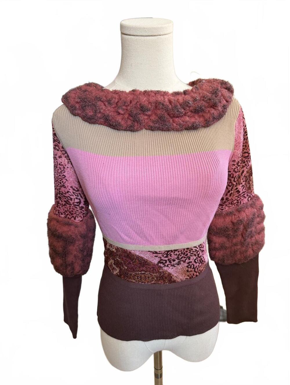 Women's Pink and Brown Mixed Fabric Sweater Size S